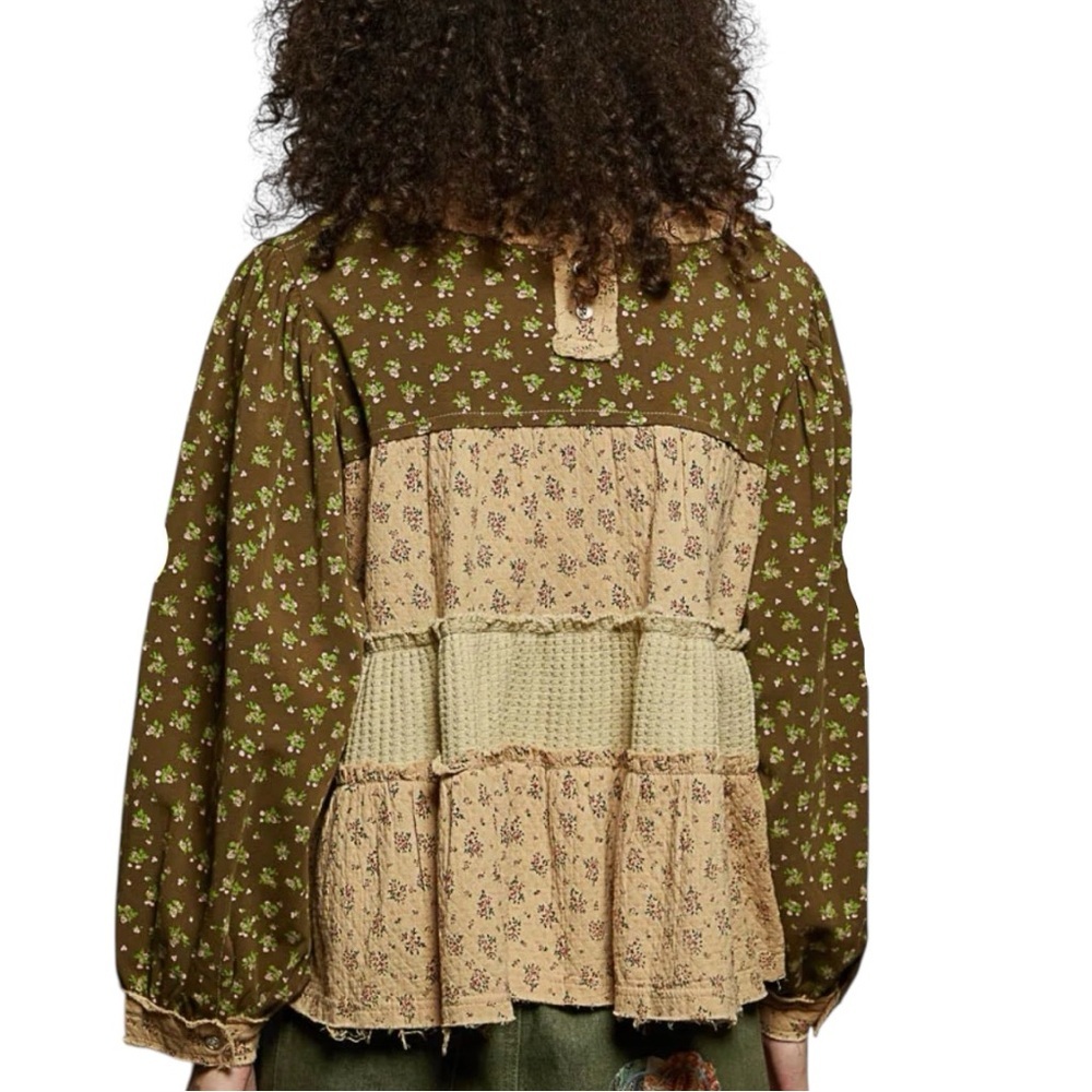 POL L Floral Patchwork Blouse - Brown and Tan Pearl Accents - Picture 3 of 13